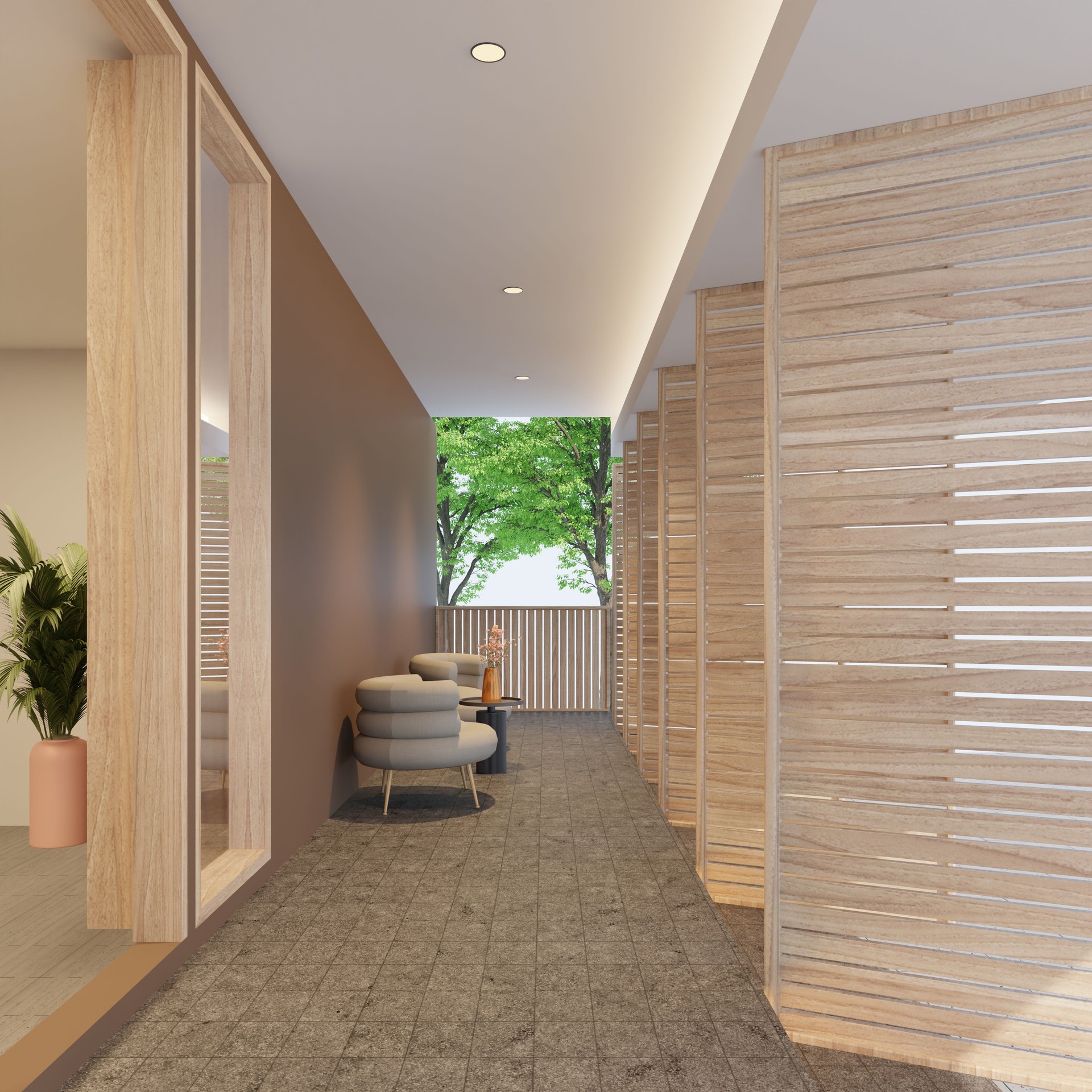 3D render modern corridor with natural wood slat partitions, minimalist armchairs, and warm lighting. relaxing semi-outdoor space featuring a green garden view.